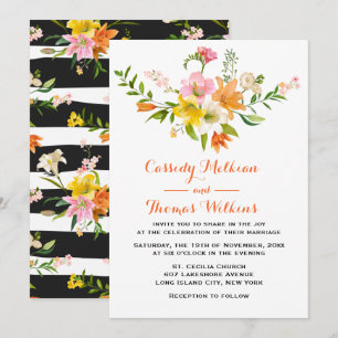 Invitation Fleurs de lys florales bandes orange noir et blanc