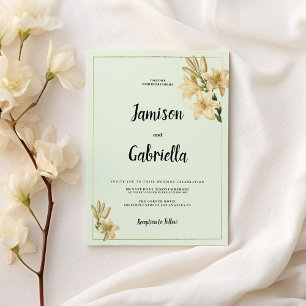 Invitation Fleurs de lys or ivoire vert menthe mariage