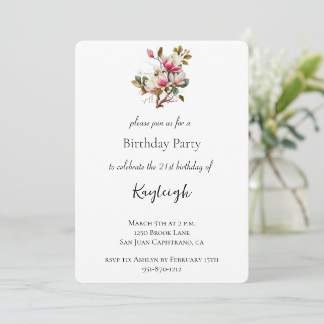 Invitation Fleurs de magnolia rose pour l'anniversaire (Debout devant)
