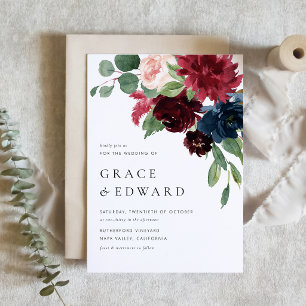 Invitation Fleurs de mariage à l'aquarelle bordeaux et bleu m