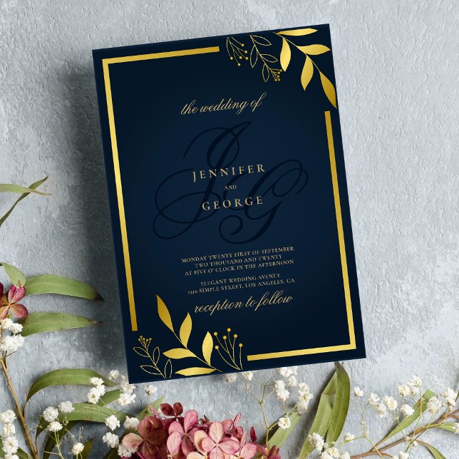 Invitation Fleurs de mariage bleu marine monogramme or  (Navy blue gold monogram initials floral wedding )