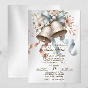 Invitation Fleurs de mariage cloches Rubans bleu rose Beau