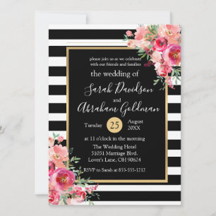 Invitation Fleurs de mariage en rayures noires et blanches Ro
