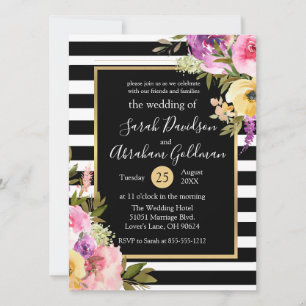 Invitation Fleurs de mariage en rayures noires et blanches Ro