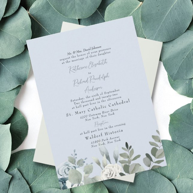 Invitation Fleurs de mariage formelles bleu poussiéreux des p (Créateur téléchargé)