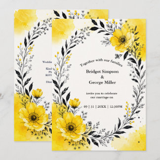 Invitation Fleurs de mariage jaunes Couronne noire audacieuse