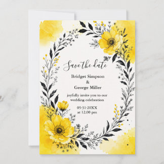 Invitation Fleurs de mariage jaunes Couronne noire audacieuse