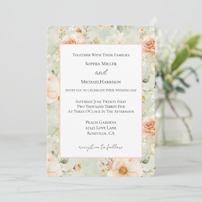 Invitation Fleurs de mariage jolies pêche menthe   (Debout devant)