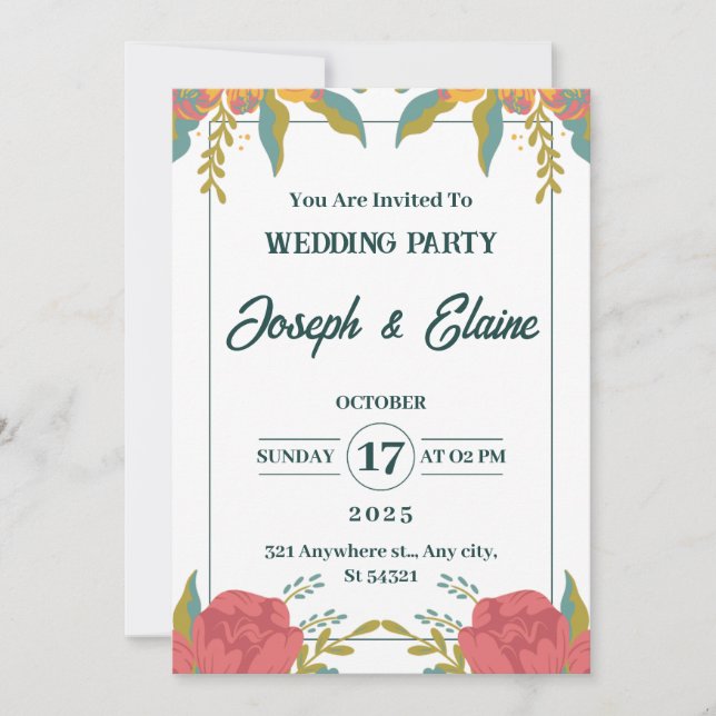 Invitation Fleurs de mariage rose et vert (Devant)