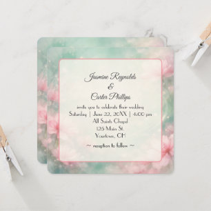 Invitation Fleurs de mariage roses sur fond abstrait vert men