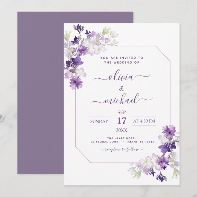 Invitation Fleurs de mariage violet poussiéreux et verdure (Devant / Derrière)