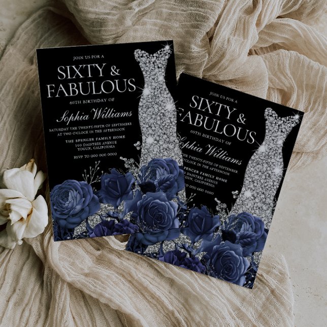 Invitation Fleurs de marine et robe d'argent Noir 60e anniver (Créateur téléchargé)