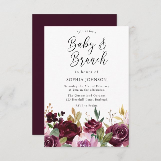 Invitation Fleurs de marron bordeaux Baby shower bébé et brun (Devant / Derrière)