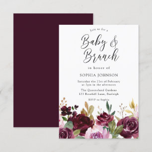Invitation Fleurs de marron bordeaux Baby shower bébé et brun