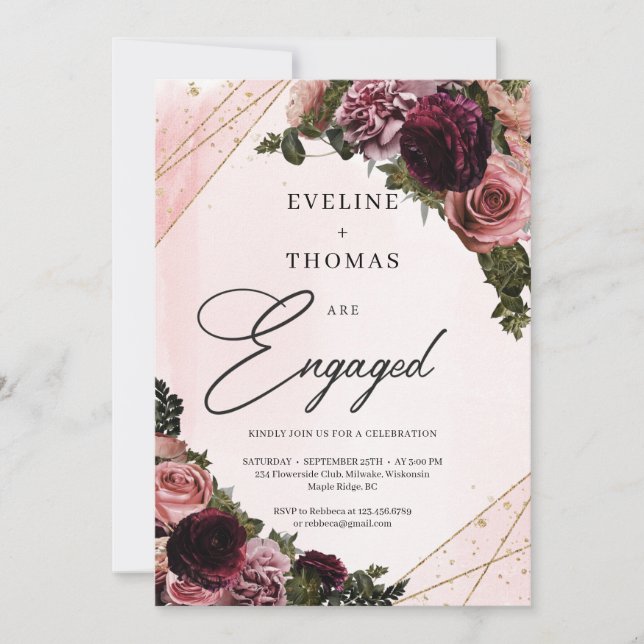 Invitation Fleurs de marron rousses et bordeaux coins or (Devant)
