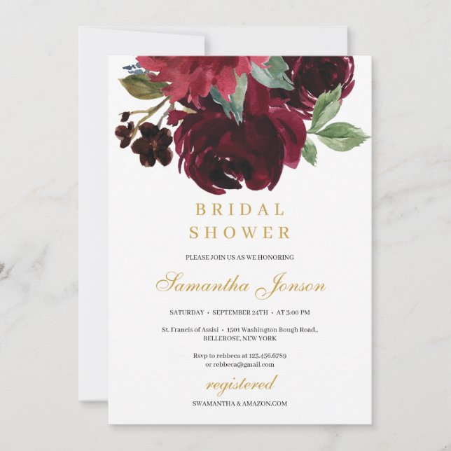 Invitation Fleurs de merlot rouge profond et mariée d'hiver o (Devant)