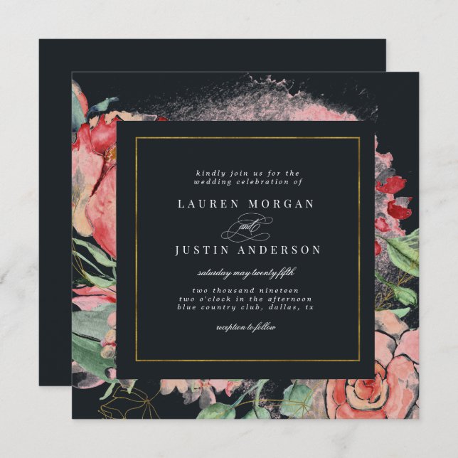 Invitation fleurs de minuit élégante carré Mariage (Devant / Derrière)
