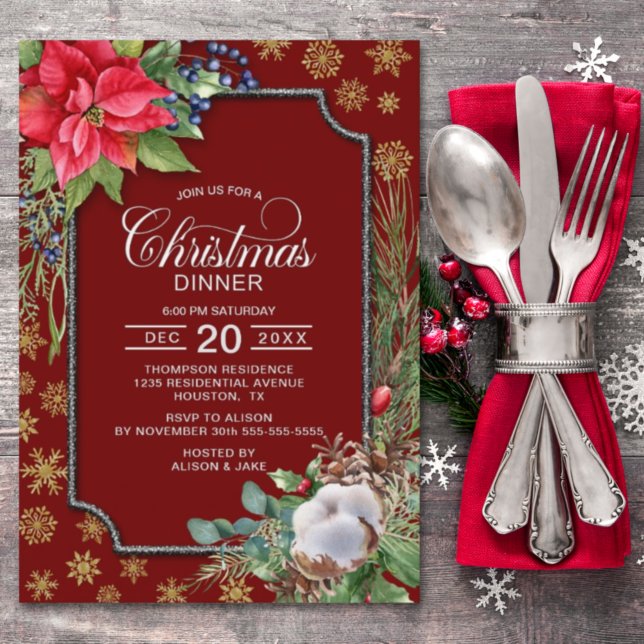 Invitation Fleurs de neige Poinsettia Dîner de Noël (Créateur téléchargé)