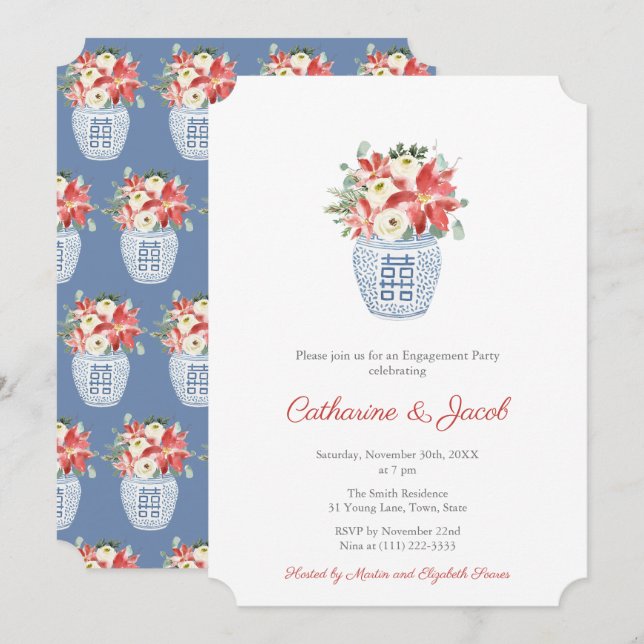 Invitation Fleurs De Noël Élégantes Et Fiançailles Verdoyant (Devant / Derrière)