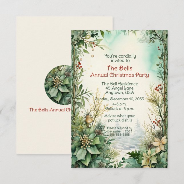 Invitation Fleurs de Noël vertes Fête de Noël annuelle (Devant / Derrière)