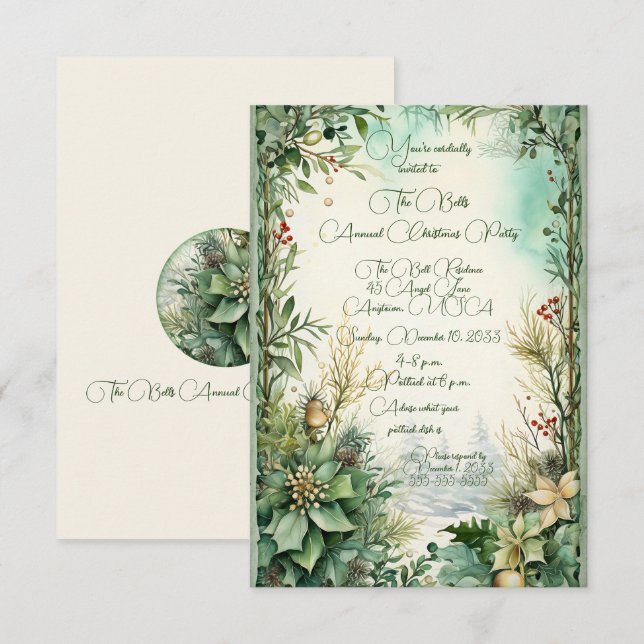 Invitation Fleurs de Noël vertes Fête de Noël annuelle (Devant / Derrière)