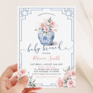 Invitation Fleurs de paon rose pastel Chinoiserie Baby Brunch