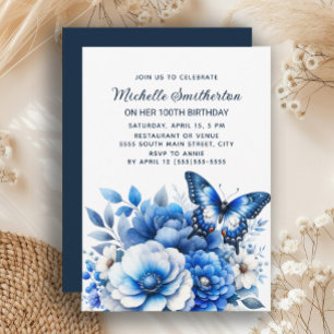Invitation Fleurs de papillon bleu Élégant 100e anniversaire