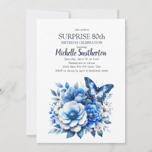 Invitation Fleurs de papillon bleu Surprise 80e anniversaire