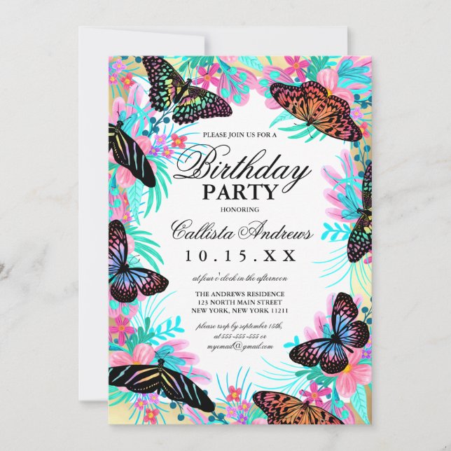 Invitation Fleurs de papillon Feuille Aquarelle Anniversaire (Devant)