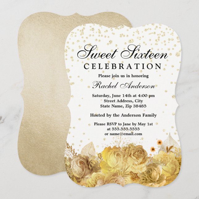 Invitation Fleurs de Parties scintillant d'or doux 16 Invitat (Devant / Derrière)