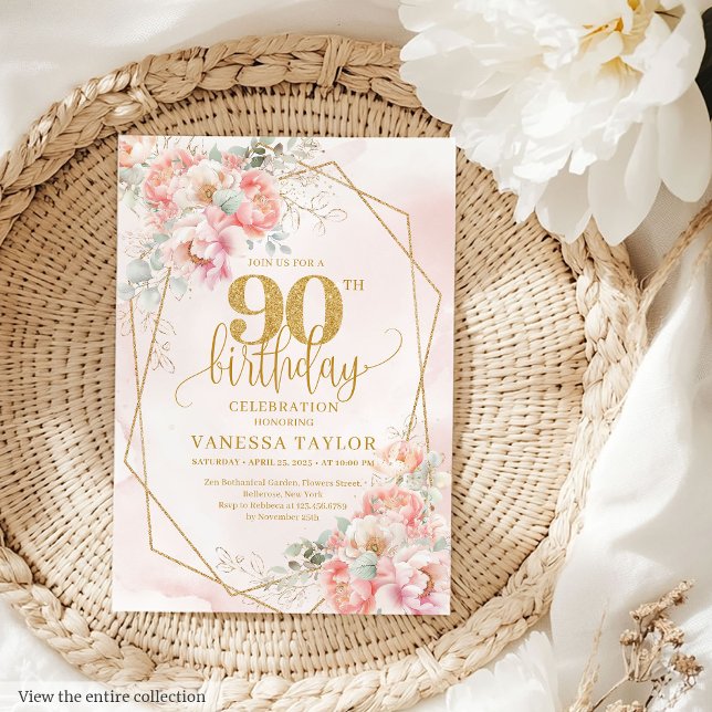 Invitation Fleurs de Parties scintillant en or rose pâle chic (Chic Pale Pink Gold Glitter Flowers 90th Invitation)