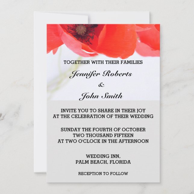 Invitation Fleurs de pavot Floral Red White Grey Mariage tend (Devant)