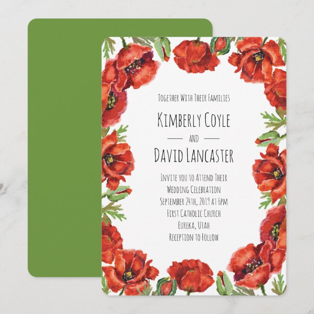 Invitation Fleurs de pavot rouge Aquarelle 2 (Devant / Derrière)