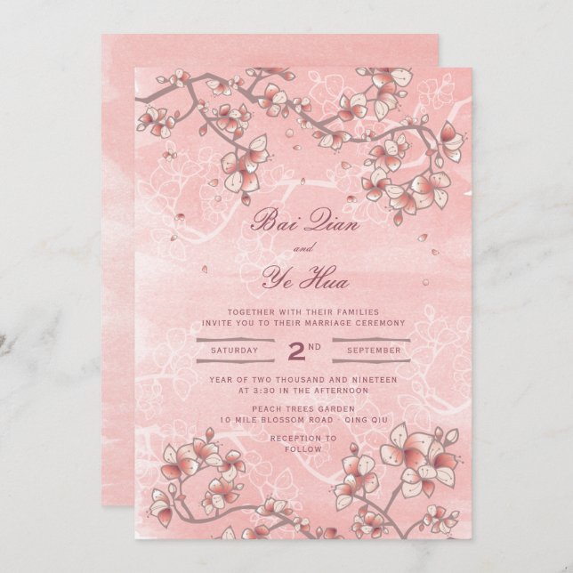 Invitation Fleurs de Peach rose Flores romantiques Mariage as (Devant / Derrière)