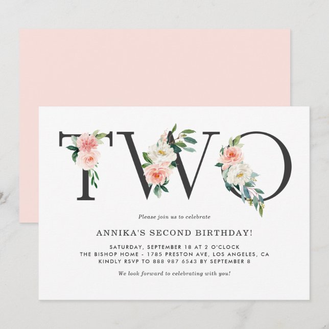 Invitation Fleurs de Pêche Aquarelle Floral Deuxième Annivers (Devant / Derrière)
