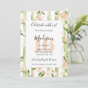 Invitation Fleurs de Pêche Bandes Vert Menthe 16e Anniversair