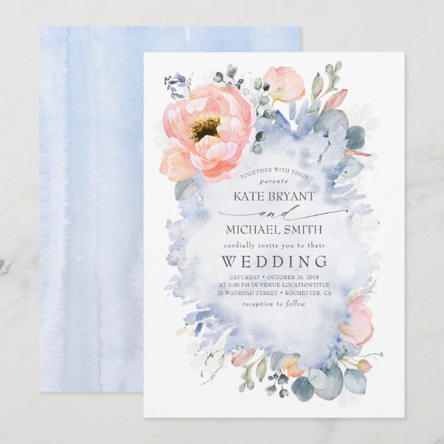 Invitation Fleurs de Pêche Botanique Mariage bleu Dusty (Devant / Derrière)