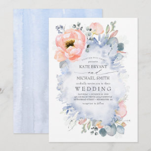 Invitation Fleurs de Pêche Botanique Mariage bleu Dusty