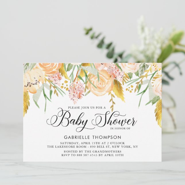 Invitation Fleurs de Pêche et Baby shower Feuille d'or (Debout devant)