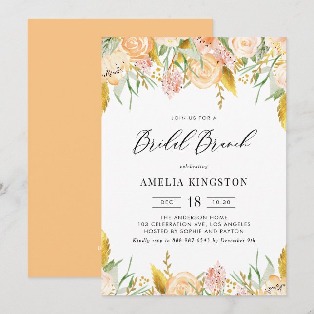 Invitation Fleurs de Pêche et Feuille d'or Brunch nuptial (Devant / Derrière)