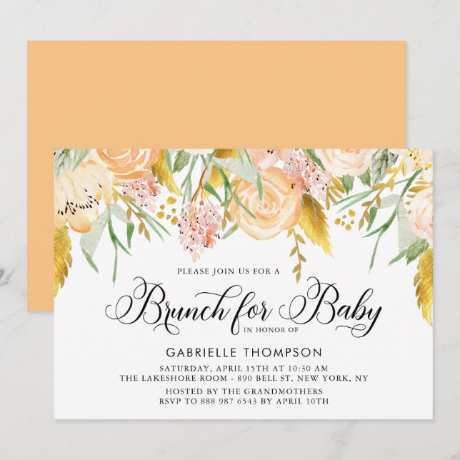 Invitation Fleurs de Pêche et Feuilles d'or Baby shower Brunc (Devant / Derrière)