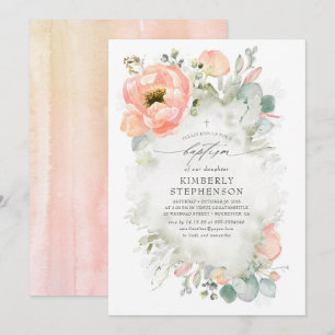 Invitation Fleurs de pêche et verdure Élégantes Baptême