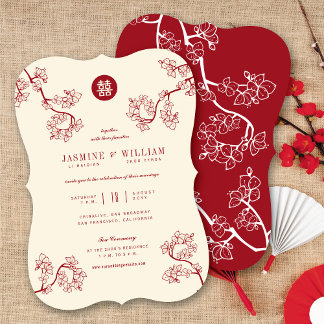 Invitation Fleurs de Pêche/Rouge Prune Double Bonheur Mariage