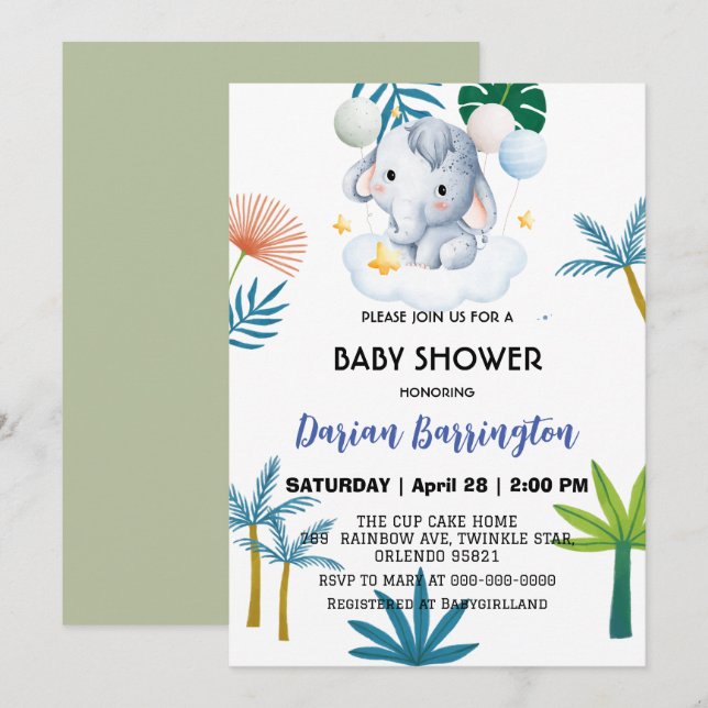 Invitation Fleurs de petits éléphants roses baby showers enfa (Devant / Derrière)