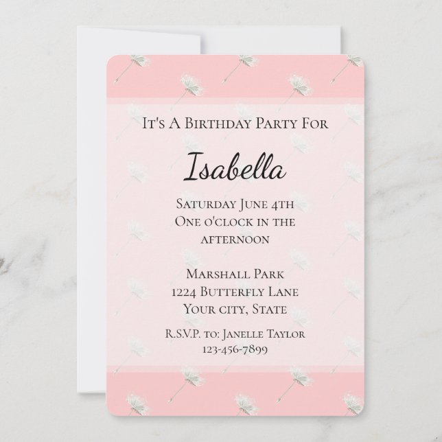 Invitation Fleurs de pissenlit rose pastel chic pour annivers (Dos)