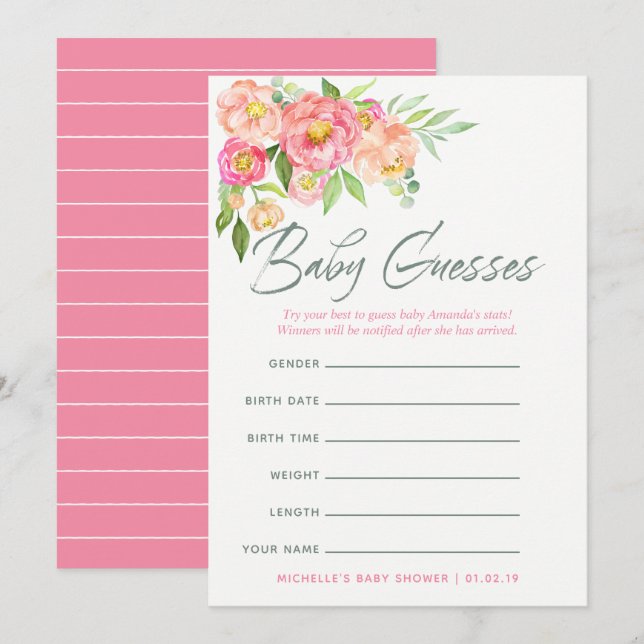Invitation Fleurs de pivoine Baby shower Baby Predictions Jeu (Devant / Derrière)