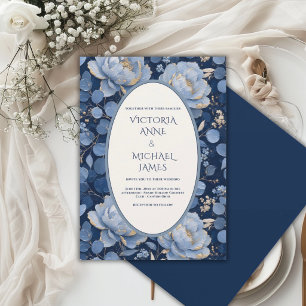 Invitation Fleurs de Pivoine Bleues Mariage Doré Vintage