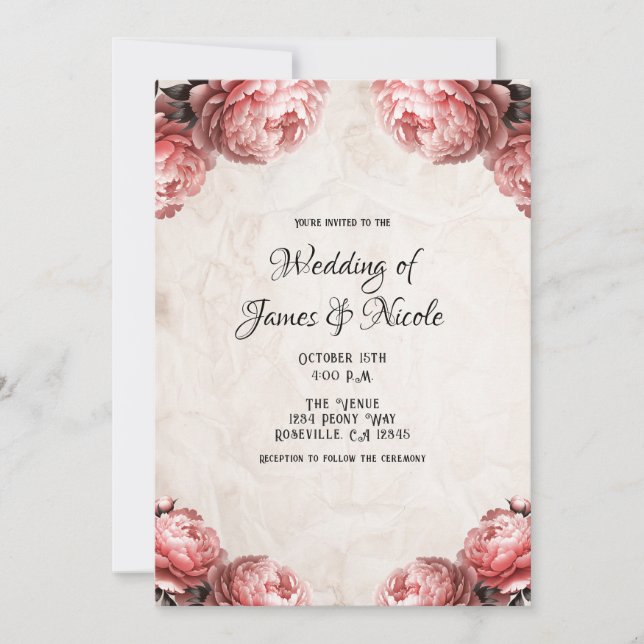 Invitation Fleurs de pivoine rose corail Mariage rustique Vin (Devant)