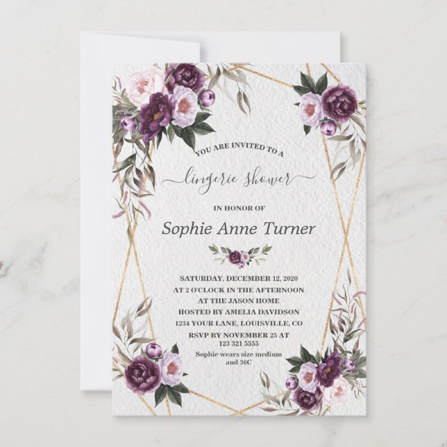 Invitation Fleurs de pivoine rose violet or Lingerie Douche (Devant)