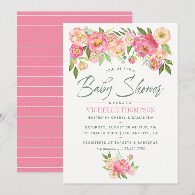 Invitation Fleurs de pivoines Baby shower de printemps (Devant / Derrière)